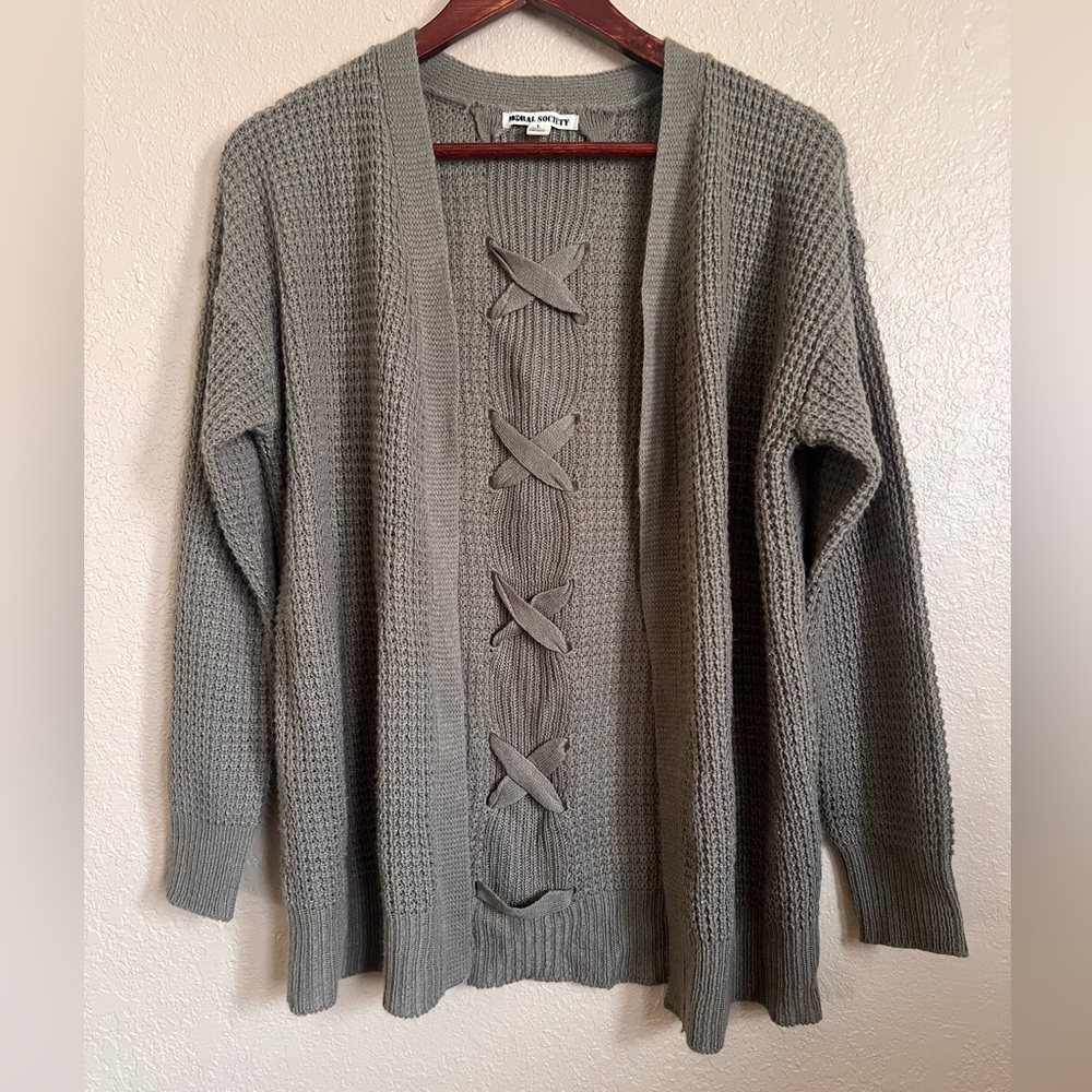 Moral Society Olive Green Knitted Cardigan with Crisscross Back